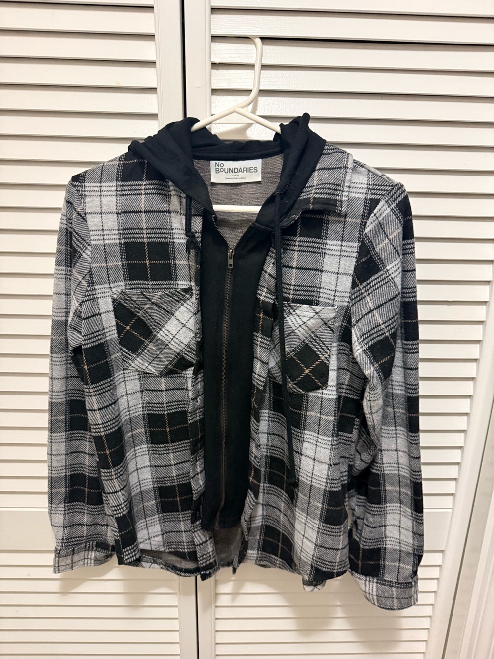 No Boundaries Black and Gray Plaid Hooded Layered Zip Jacket